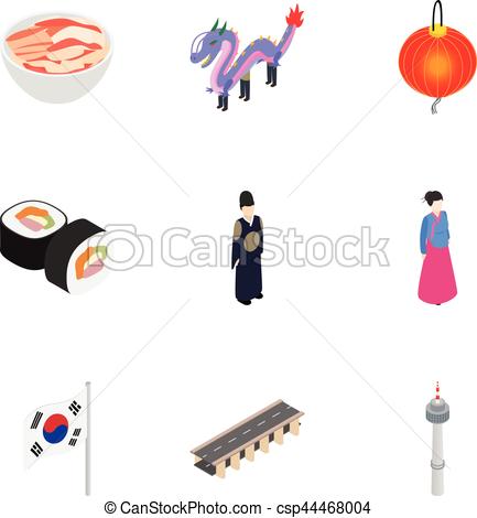 433x470 Travel To South Korea Icons Set. Isometric 3d Illustration Of 9
