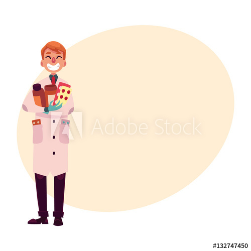 500x500 Funny Pharmacist In Lab Coat And Rubber Gloves Holding Many Pills