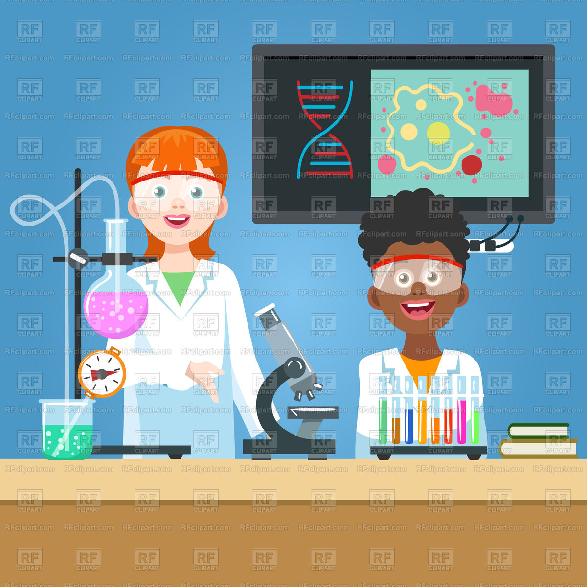 1200x1200 Girl Scientist And Student In Chemistry Laboratory Vector Image