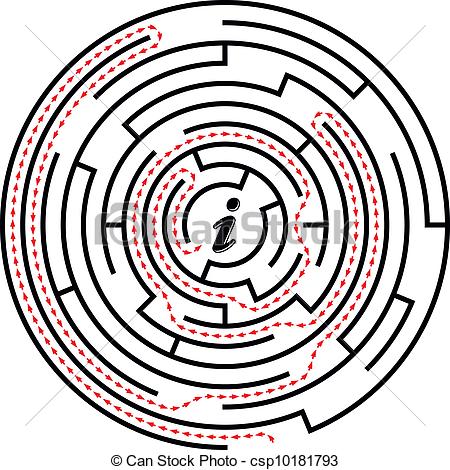 450x470 Circular Labyrinth. Round Maze With Red Arrows Path To The Center