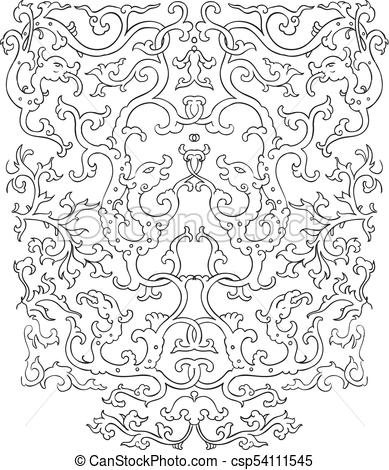 389x470 Outline Decorative Pattern With Lace And Dragons. Vector Asian