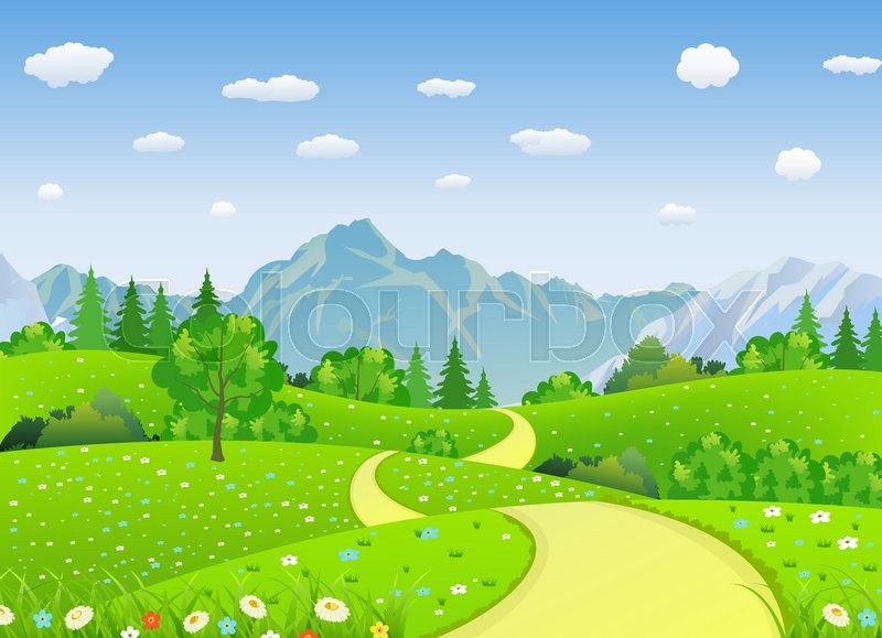 800x579 Summer Landscape With Meadows And Mountains. Road And The Forest
