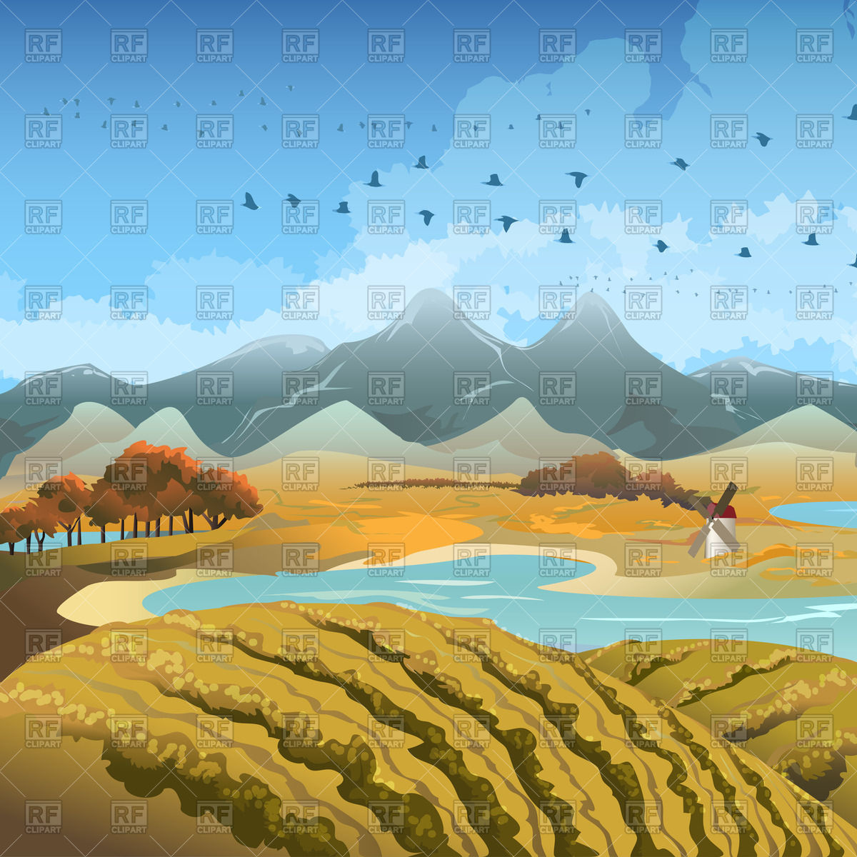 1200x1200 Flocks Of Migratory Birds Against Late Autumn Landscape Vector