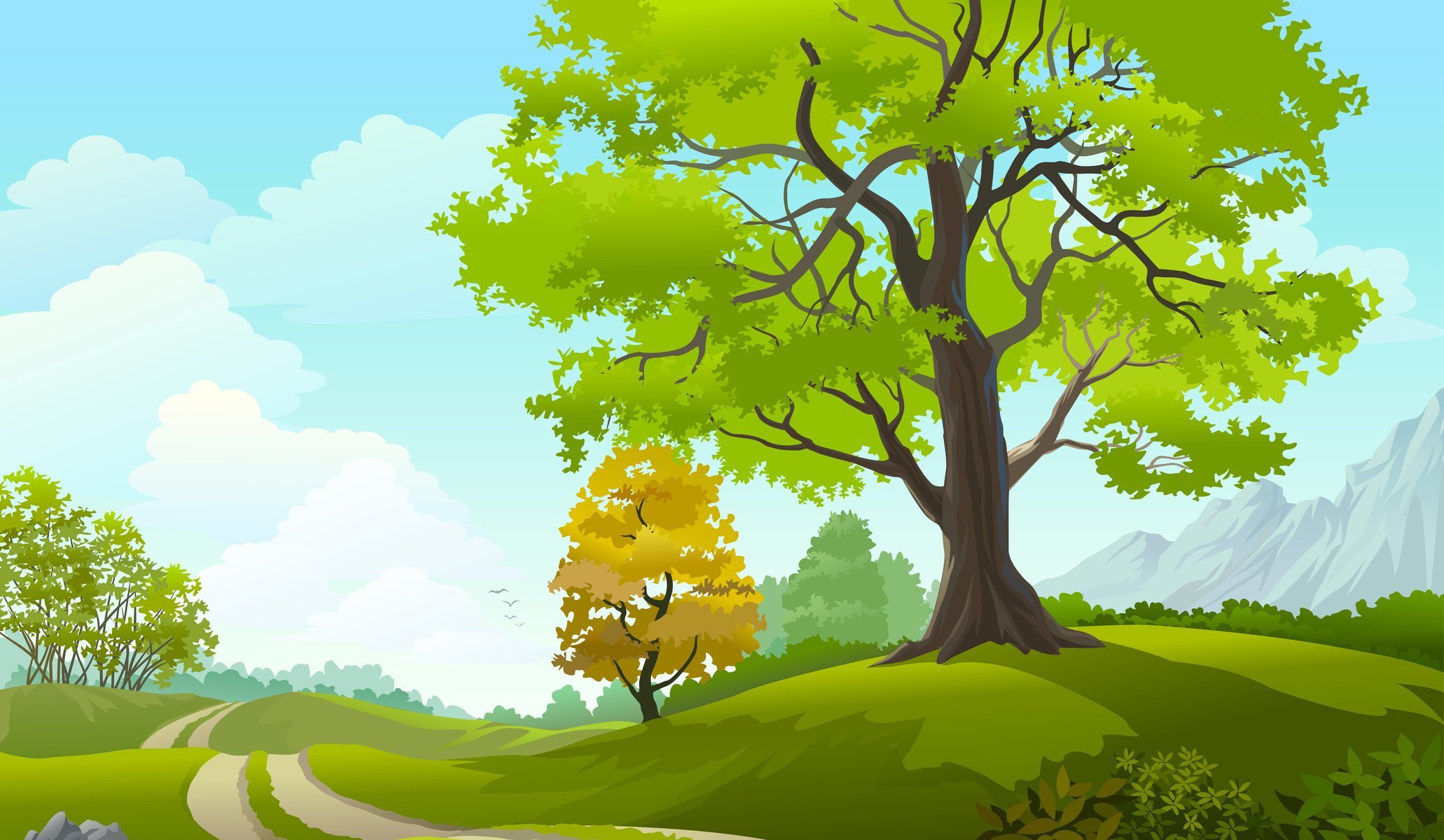2062x1200 Vector Art Nature Trees Grass Field Landscape Sky Clouds Road