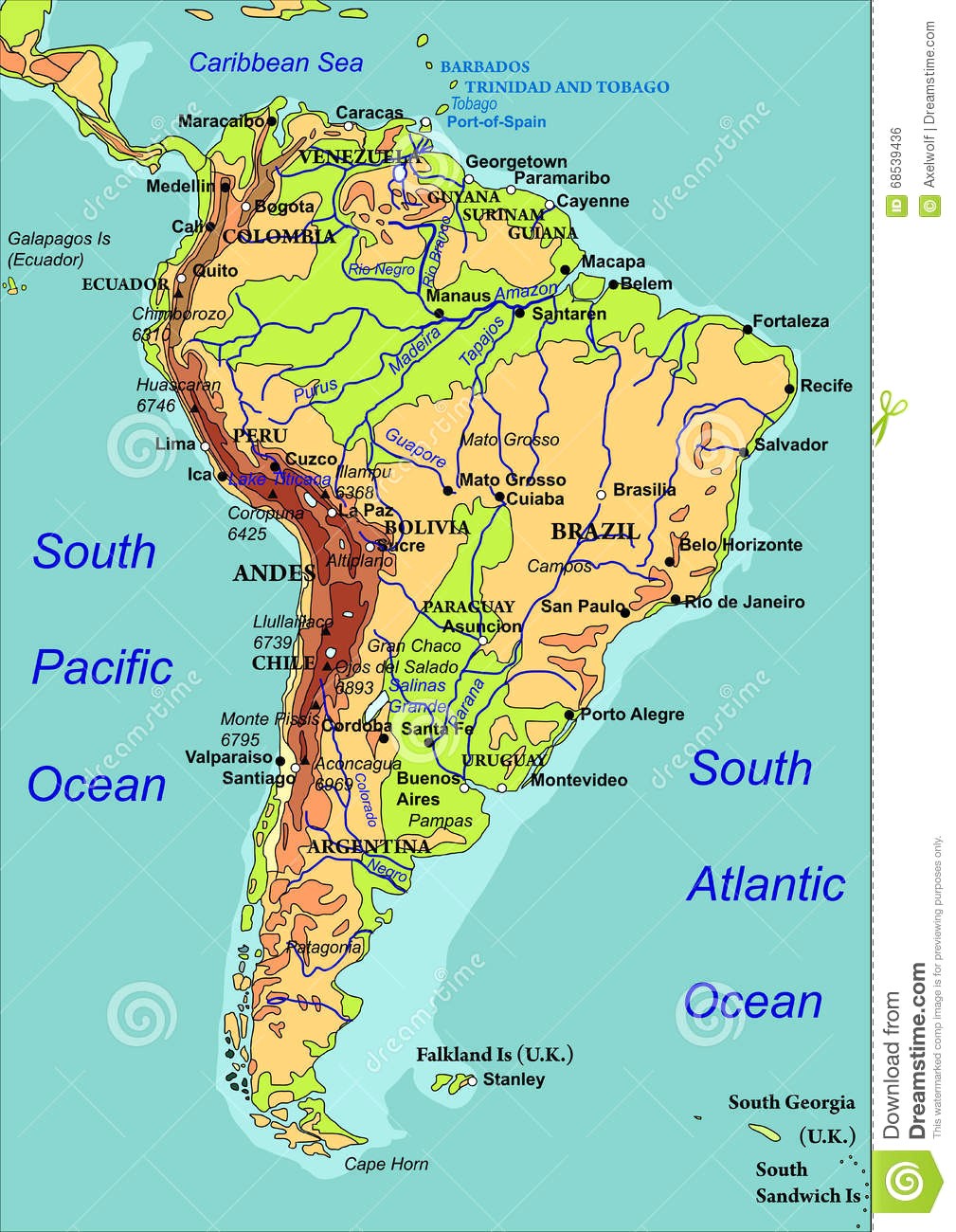 1009x1300 Map South America Vector Illustration Names Countries Cities