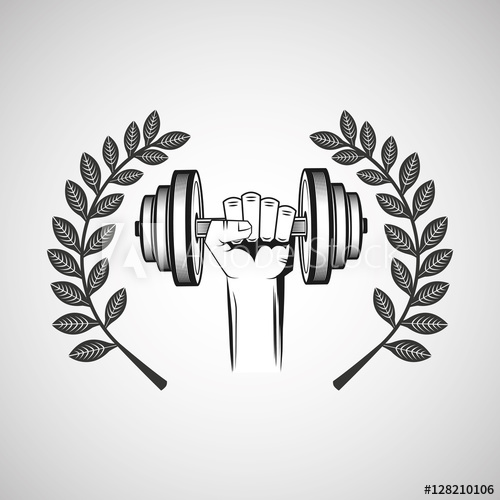 500x500 Hand Hold Dummbell Sport Emblem Laurel Branch Vector Illustration