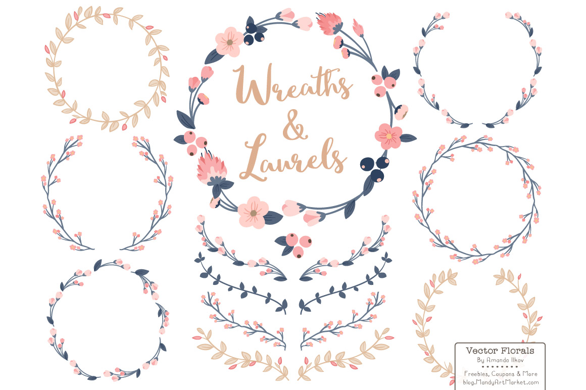 1160x772 Vector Floral Wreath Amp Laurels In Navy Amp Blush By Amanda Ilkov