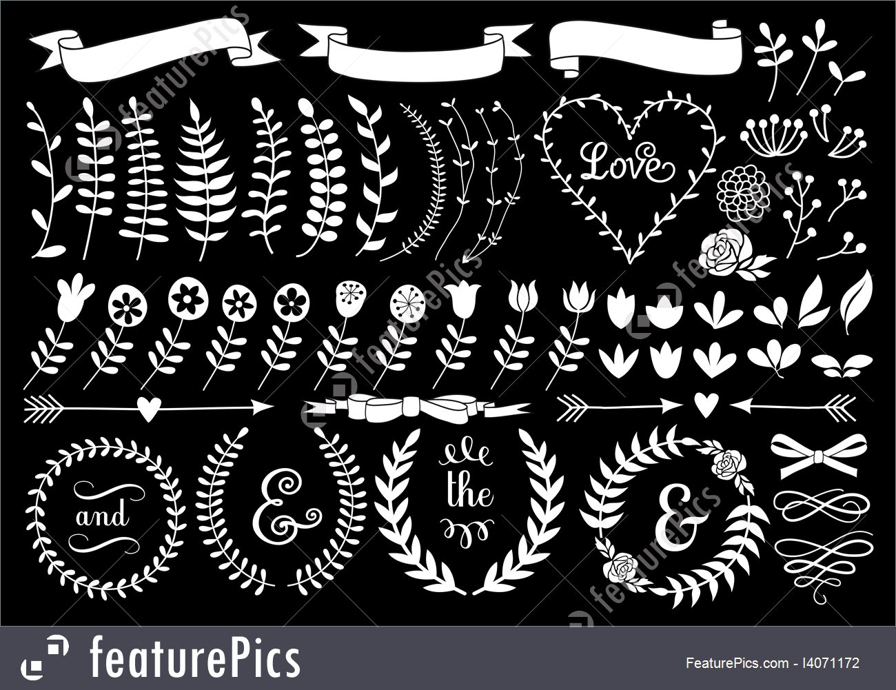 1300x1001 White Floral Laurel Wreath, Vector Set