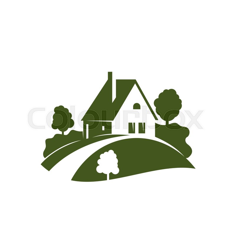 800x800 Green House Icon With Grass Lawn, Garden Tree And Plant, Driveway