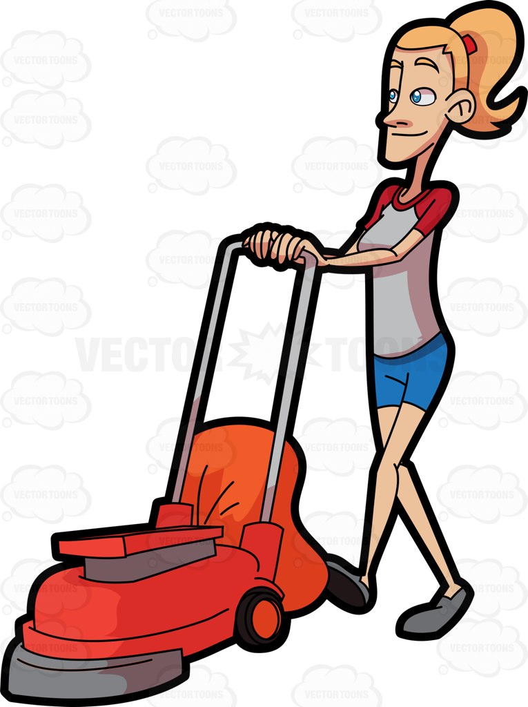765x1024 A Woman Pushing Her Lawn Mower Clipart By Vector Toons