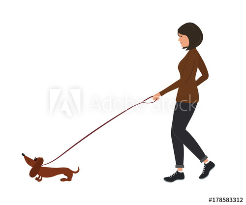 500x417 Lady With A Dog. A Young Woman Leads A Dachshund Dog On A Leash