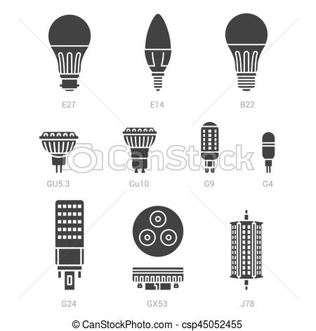 450x470 Led Light Lamp Bulbs Vector Silhouette Icon Set On White Background.