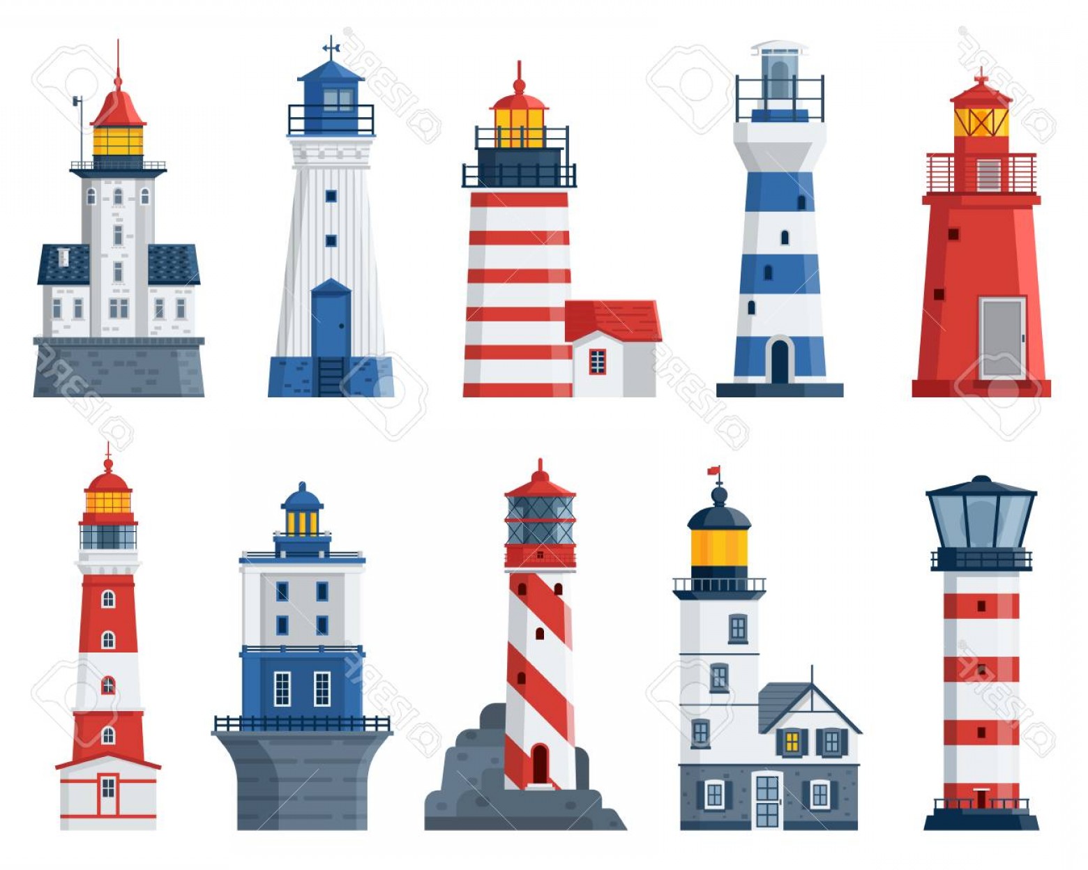1560x1248 Photocartoon Lighthouse Vector Set Red And Blue Sea Guiding Light
