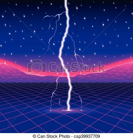 450x470 Neon New Retro Wave Computer Landscape With Lightning. Neon New