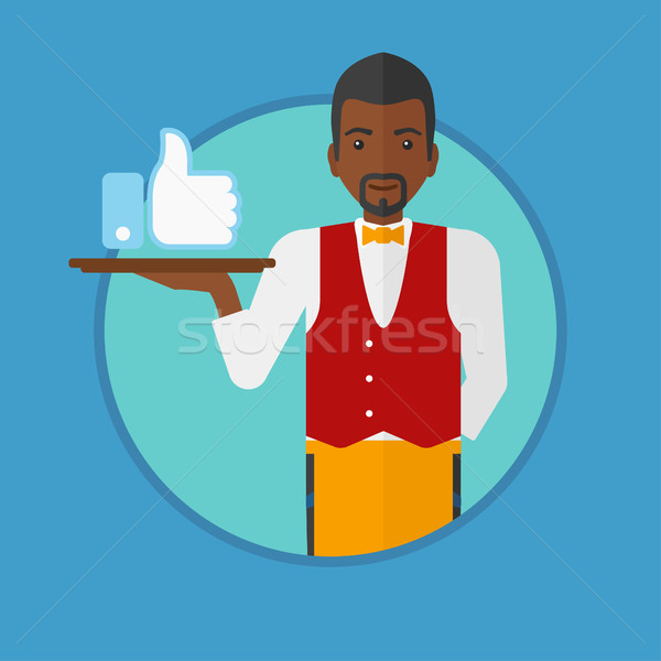 600x600 Waiter With Like Button Vector Illustration. Vector Illustration