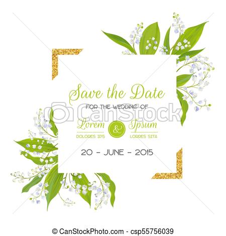 450x470 Save The Date Card With Blossom Lily Valley Flowers And Golden