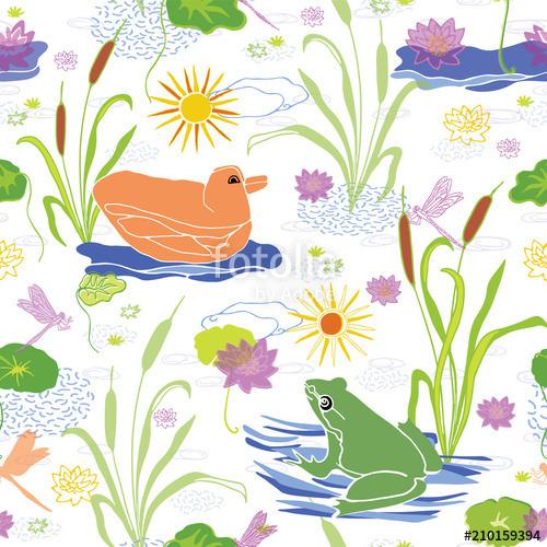 500x500 Vector Green Frog On Lily Pad Amp Duck Swimming On The Pond Water