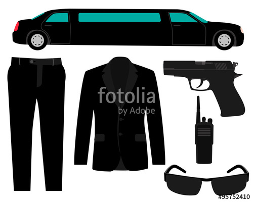 500x400 Icon Set Bodyguard. The Gun, Suit And A Limousine. Vector