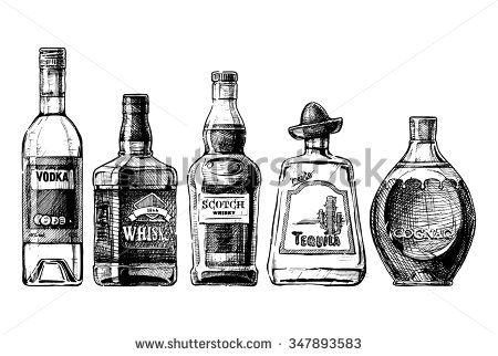 450x322 Vector Set Of Bottles Of Alcohol In Ink Hand Drawn Style. Isolated