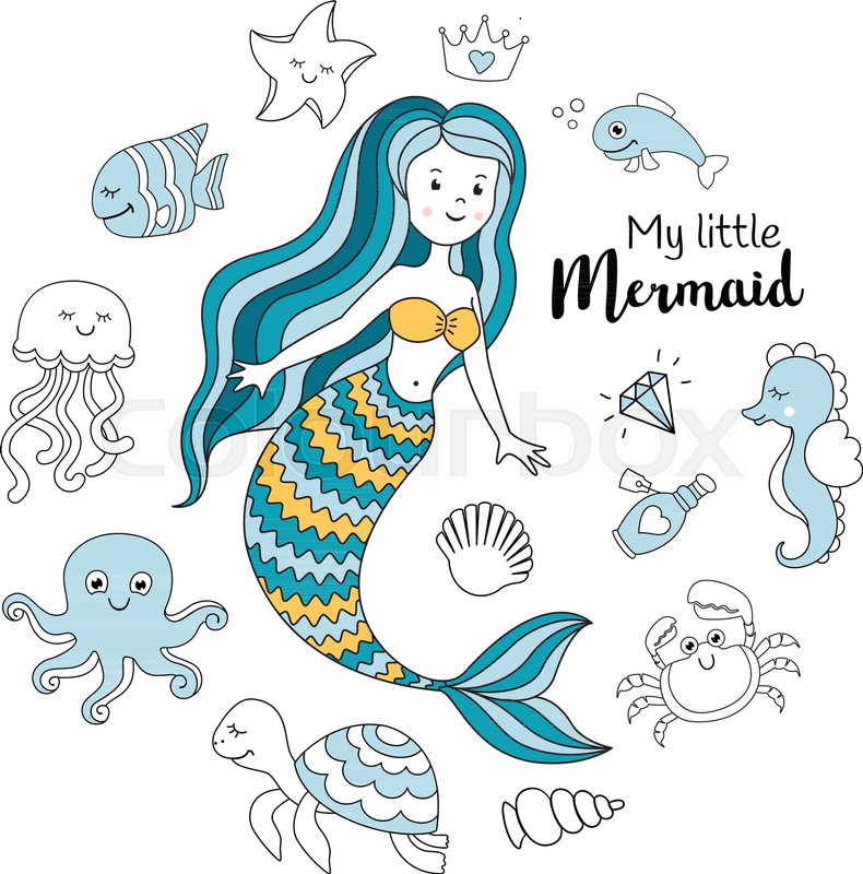 790x800 Cute Little Mermaid With Sea Animals. Under The Sea Vector