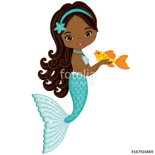 500x500 Vector Cute Little Mermaid With Fish. Vector African American