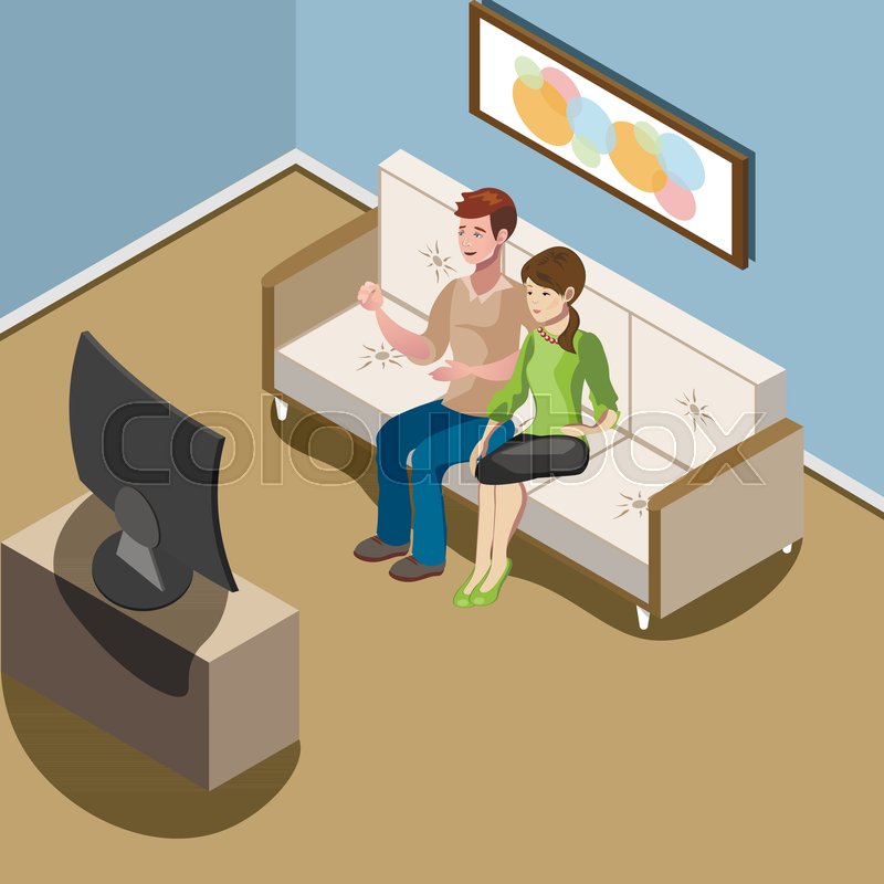 800x800 Young Family Watching Tv In Living Room Vector Illustration