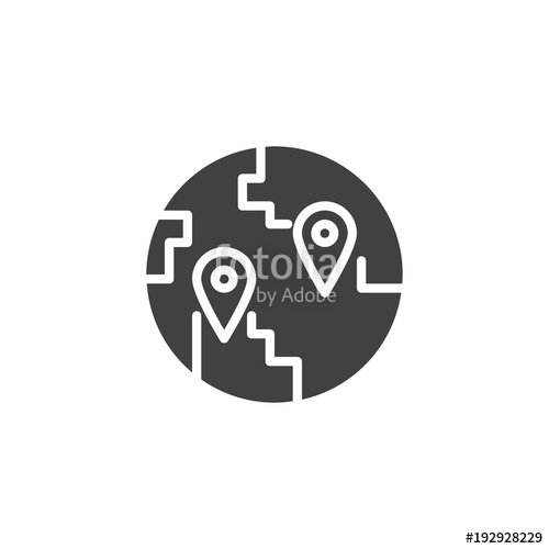 500x500 Globe With Destination Location Pin Vector Icon. Filled Flat Sign