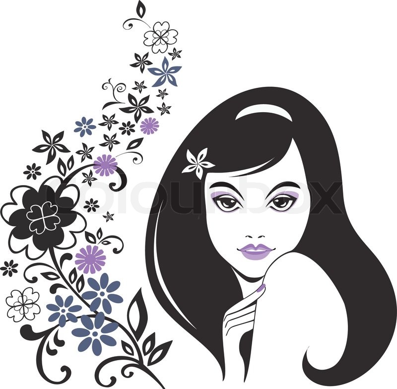 800x784 Young Girl With Long Hair And Floral Pattern Stock Vector