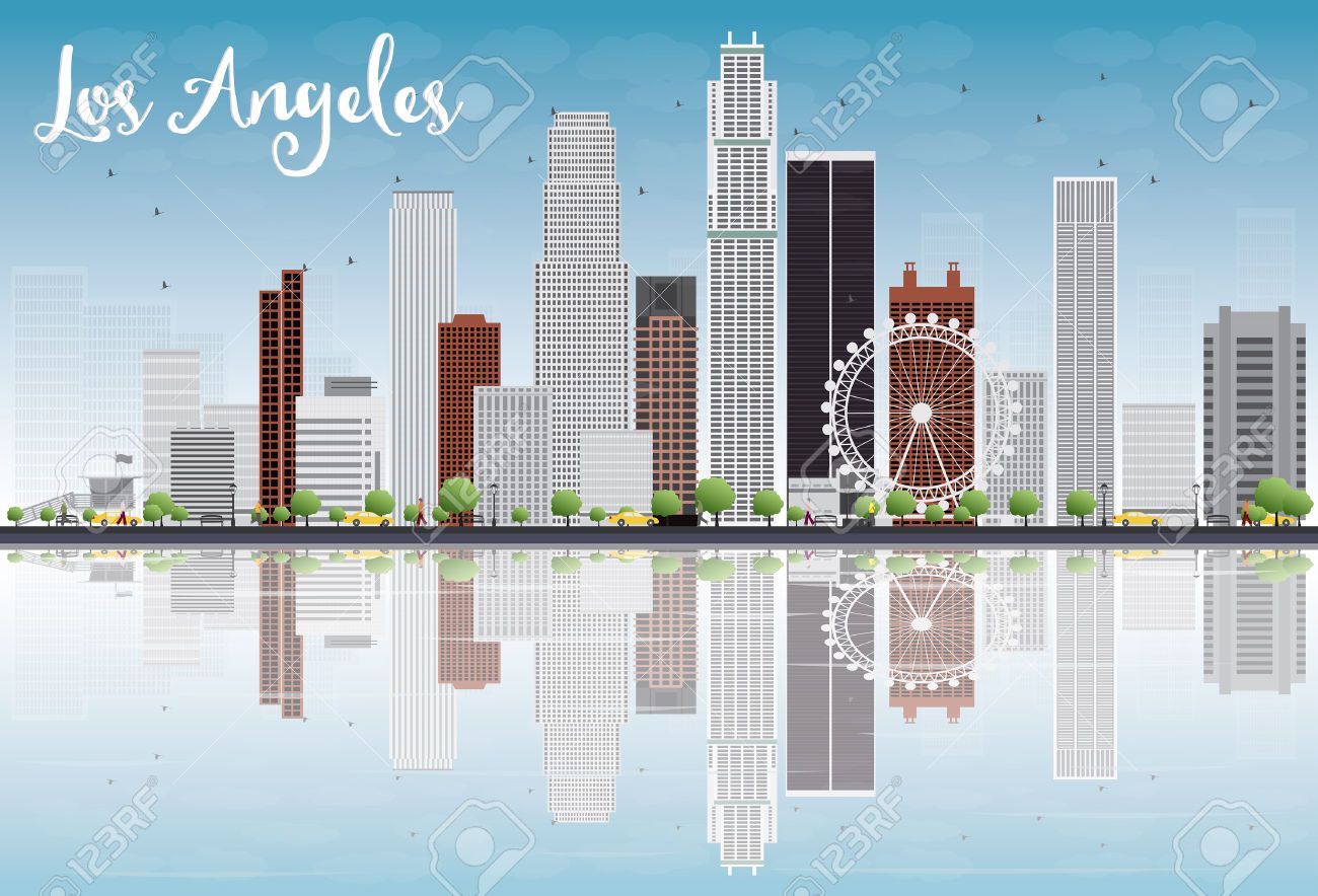 1300x884 Los Angeles Skyline With Grey Buildings And Blue Sky. Vector Art