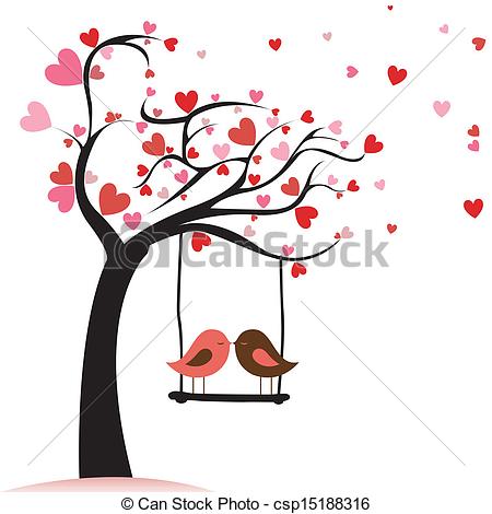 450x470 Love Birds. Two Birds In Love On Abstract Tree With Heart Leaf.