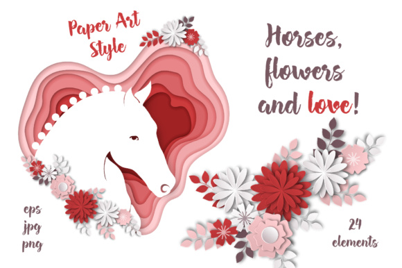 580x386 Horses, Flowers Amp Love Vector Paper Art Style Graphic By
