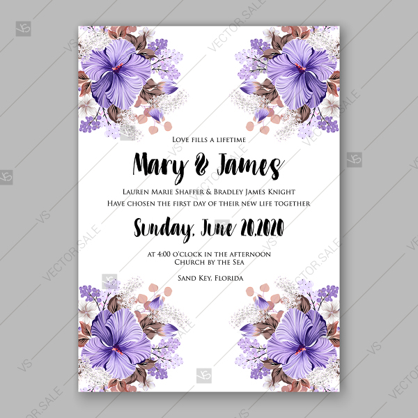 600x600 Violet Hibiscus Wedding Invitation Vector Tropical Flower Template