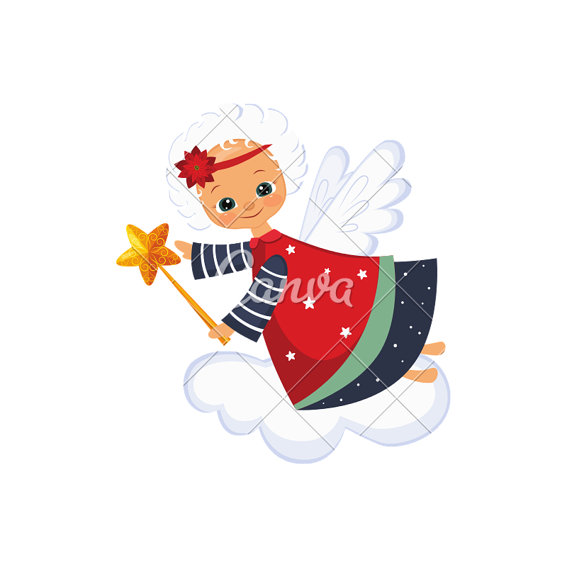 800x800 Christmas Angel With A Magic Wand. Vector Illustration