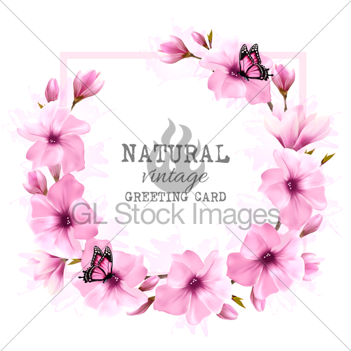 500x500 Natural Vintage Greeting Card With Pink Magnolia. Vector. Gl