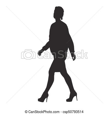 450x470 Business Woman Walking, Side View. Vector Silhouette.