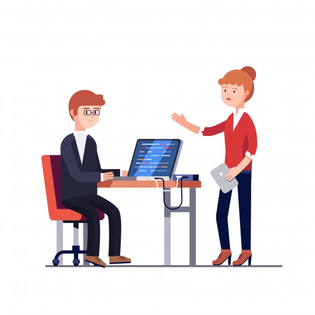 626x626 Project Manager Woman Talking To A Programmer Man Vector Free