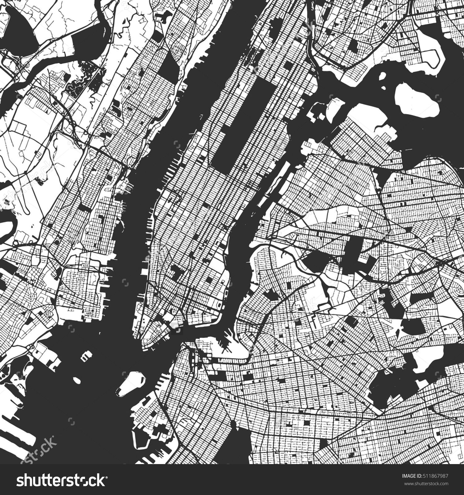 1500x1600 New York City Manhattan One Color Map, Vector Outline Version