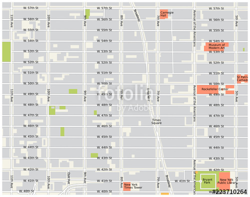 500x393 New York City, Theater District, Midtown Manhattan Vector Map