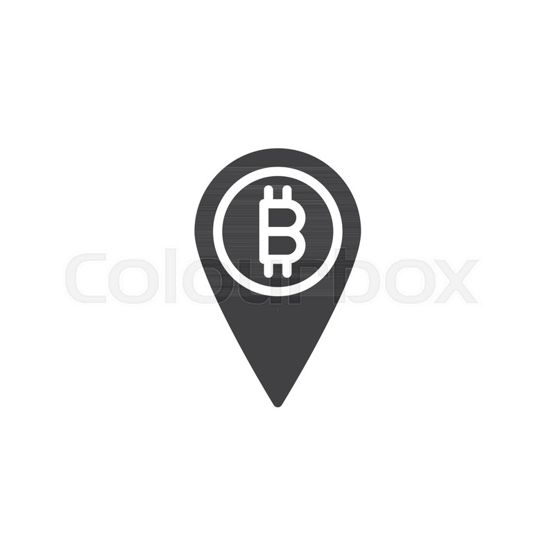 800x800 Bitcoin Map Pin Vector Icon. Filled Flat Sign For Mobile Concept