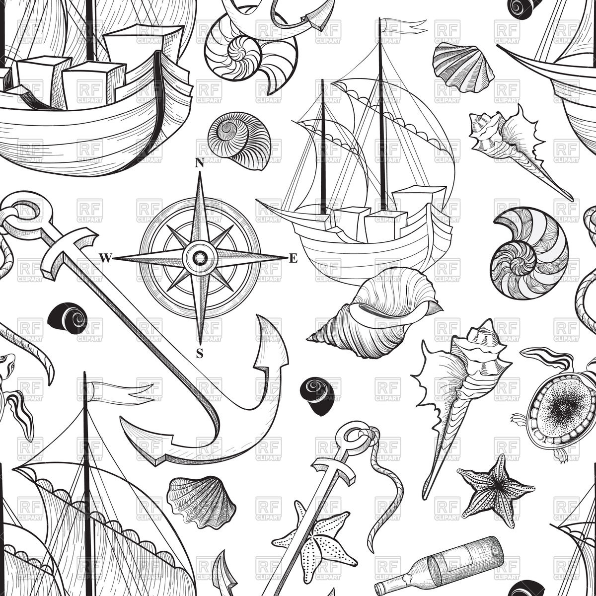 1200x1200 Marine Seamless Pattern. Sailing Ship, Seashell, Anchor, Compass