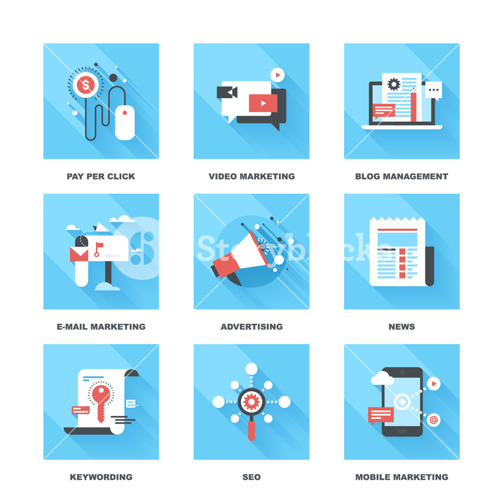 1000x1000 Vector Set Of Flat Digital Marketing Icons. Icon Pack Includes