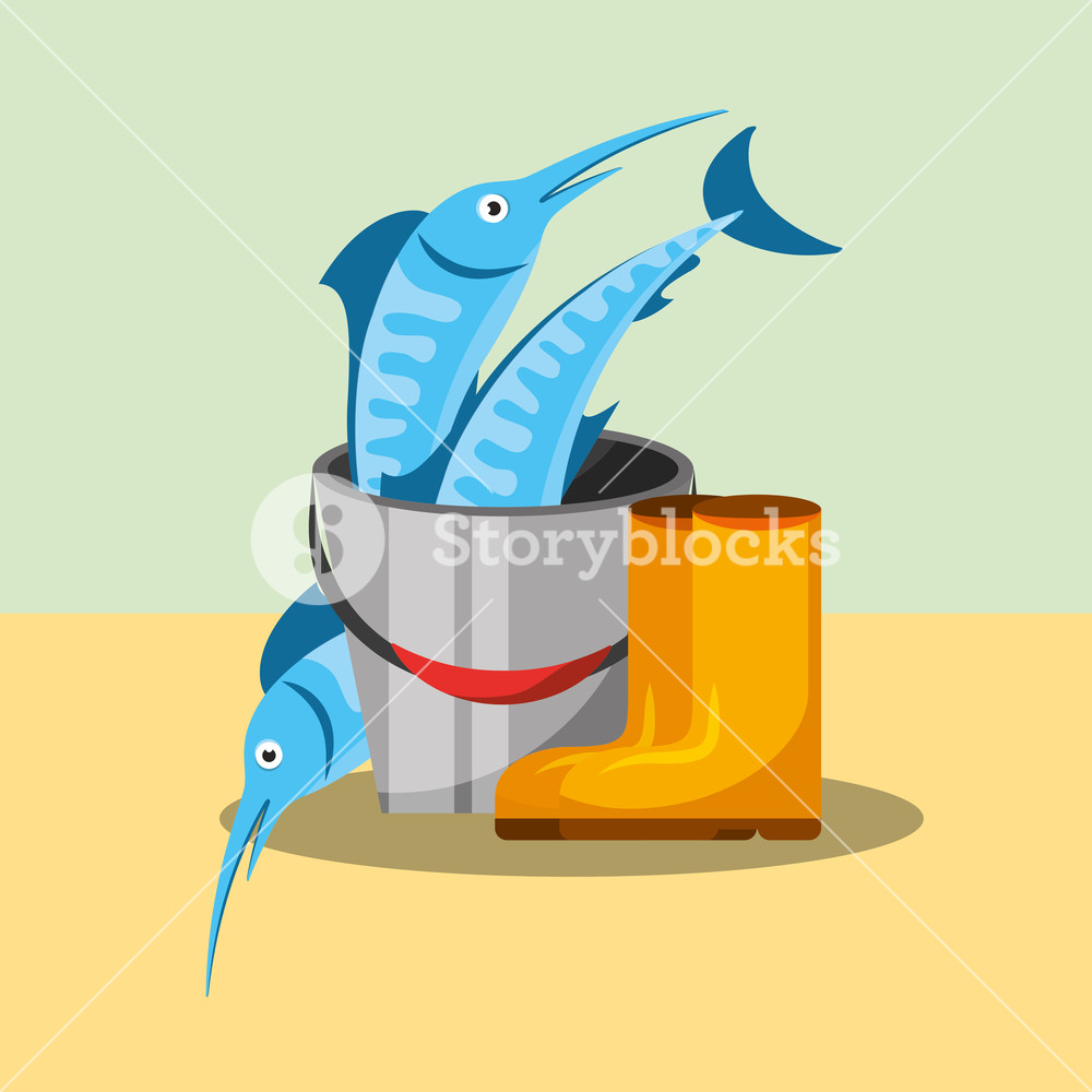 1000x1000 Fishing Equipment Boots And Bucket Marlin Fish Vector Illustration