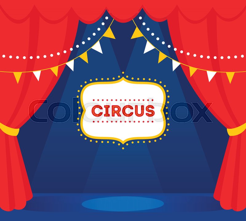800x719 Circus Stage With Lights, Red Curtains And Marquee Sign. Vector