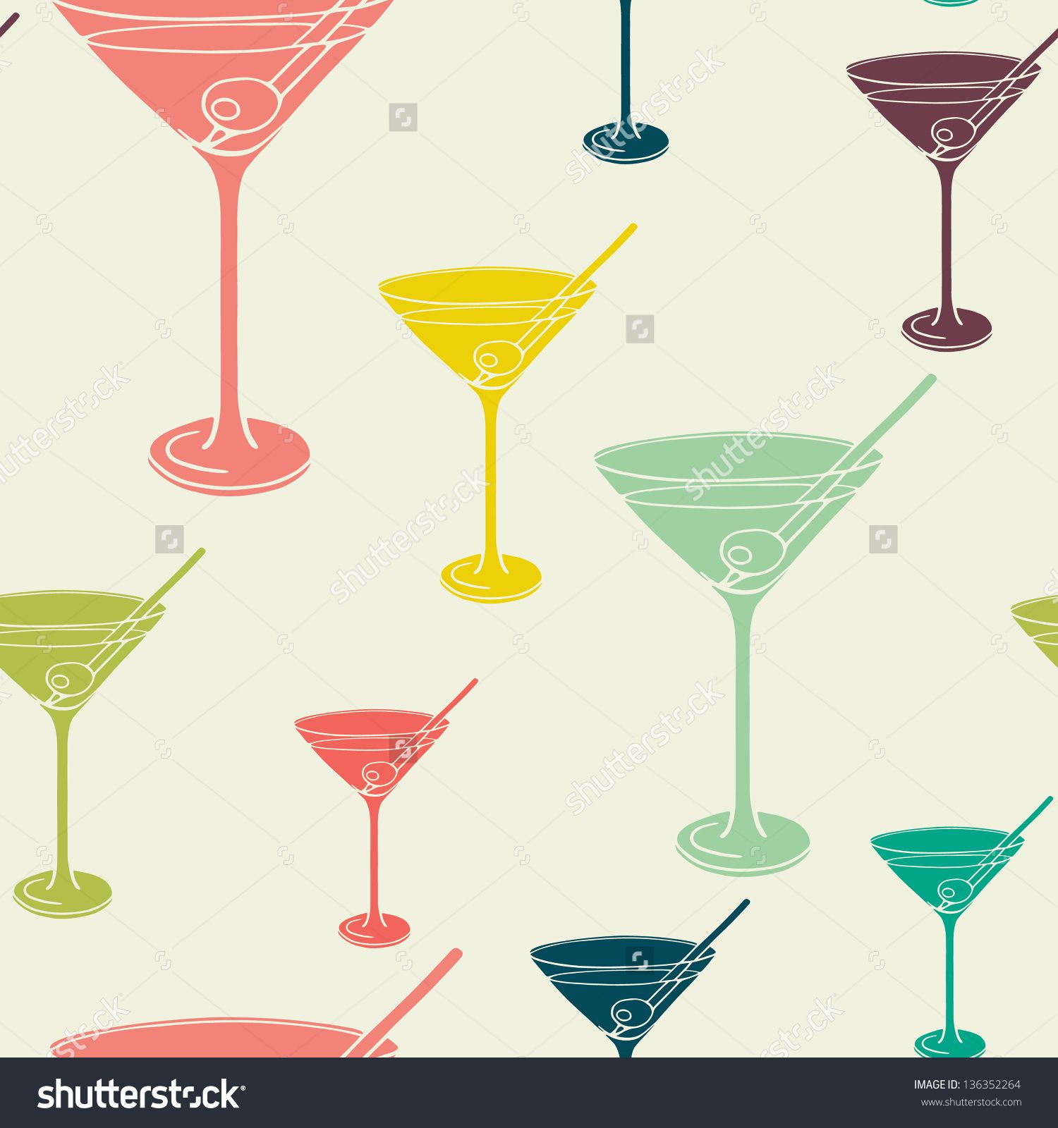 1500x1600 Vintage Seamless Pattern With Martini Glass Silhouettes. Vector