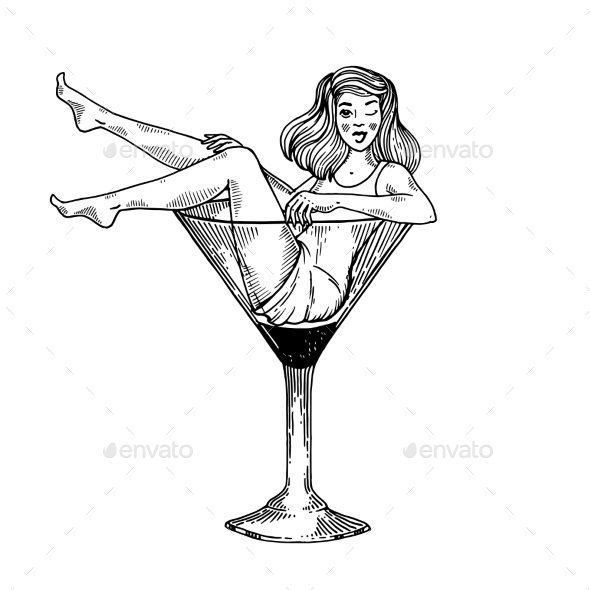 590x590 Woman In Martini Glass Engraving Vector By Alexanderpokusay