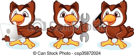 450x188 Owl Mascot Vector With Phone, Laptop, Tools.