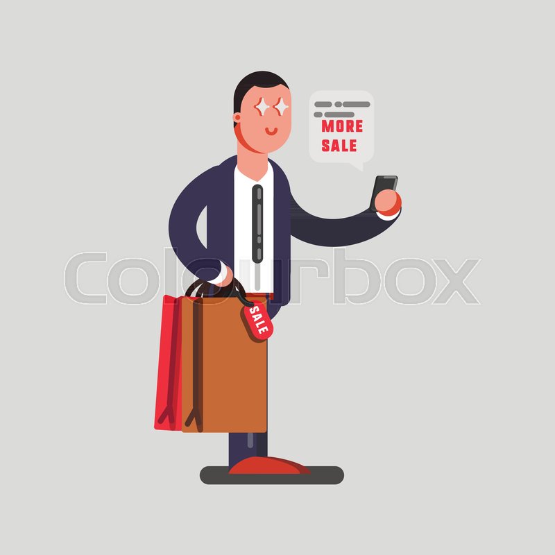 800x800 Man Reading A Discount Massage With Purchase In Hands. Vector