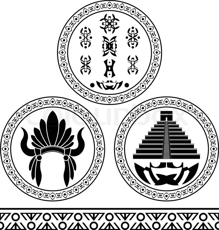 762x800 Mayan Signs, Headdress, Pyramid And Pattern. Stencils. Vector
