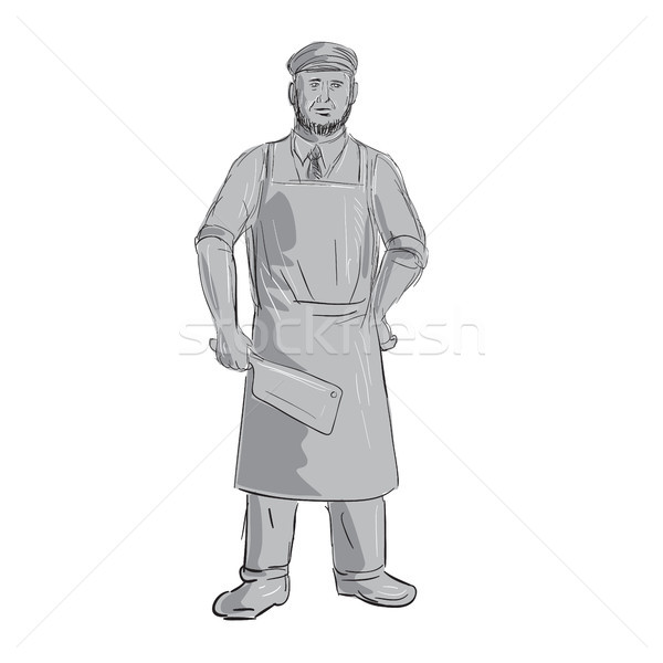 600x600 Vintage Butcher Meat Cleaver Standing Drawing Vector Illustration