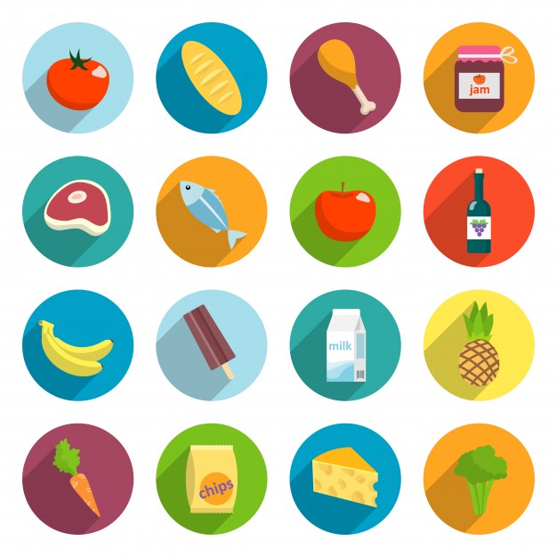 626x626 Online Supermarket Foods Flat Icons Set Of Meat Fish Fruits And